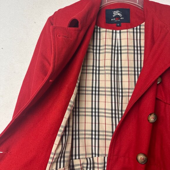 Burberry coat women L red wool blend long trench double breasted novacheck VTG - Picture 5 of 8